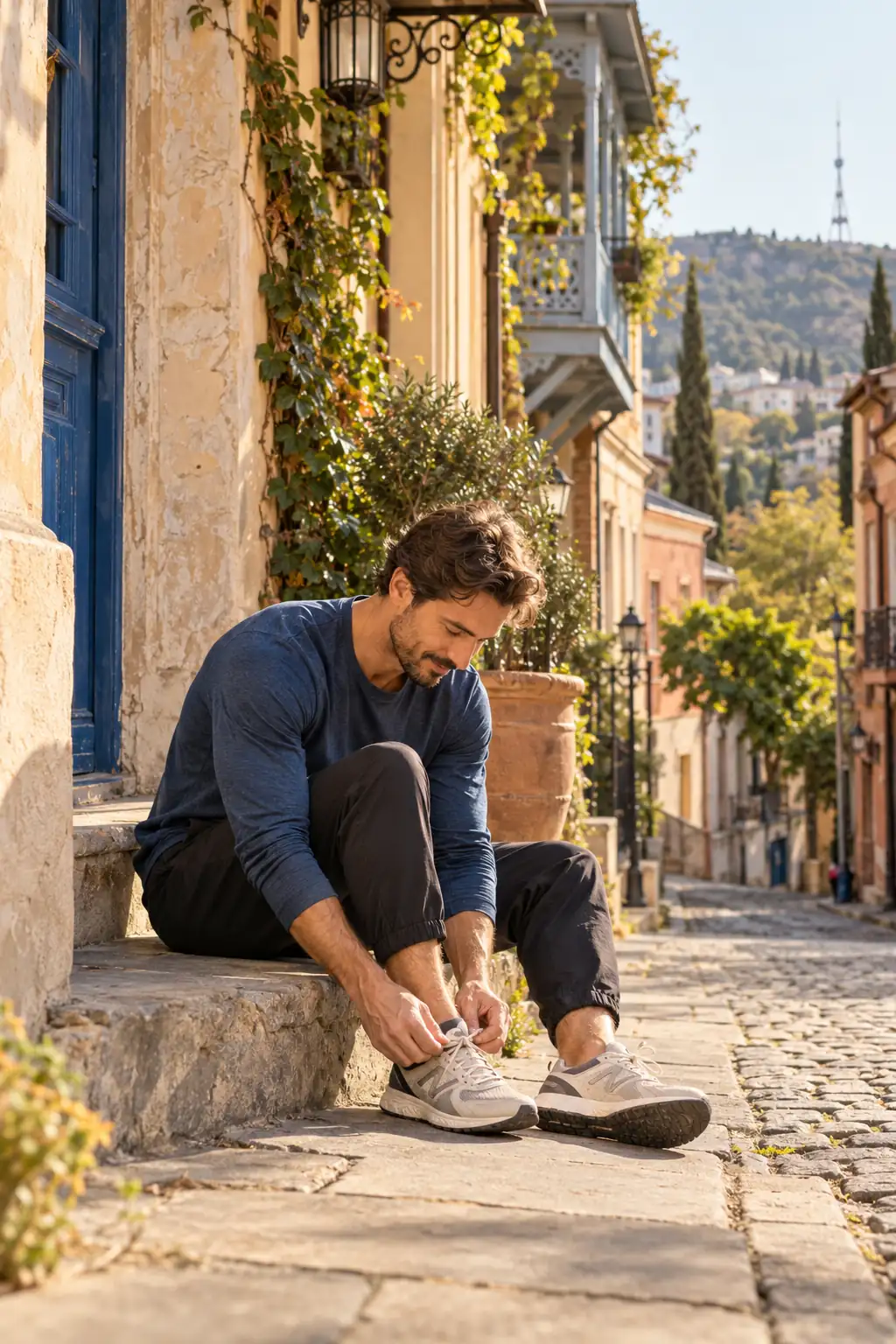 A man tying his running shoe on a sunlit street in Tbilisi